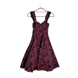 Hearts & Roses London Red Black Floral Brocade Lace Up Swing Dress‎ USA 6 UK 10